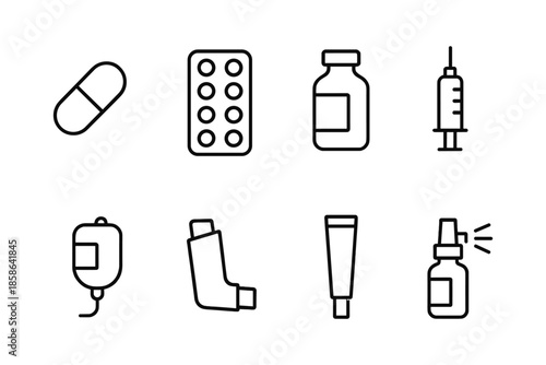 Minimalist medical icons: medications and equipment line art set
