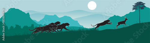 A stylized illustration depicts a dramatic hunt in a mountainous landscape. Several black panthers pursue a fleeing antelope under a bright sun and layered blue mountains.