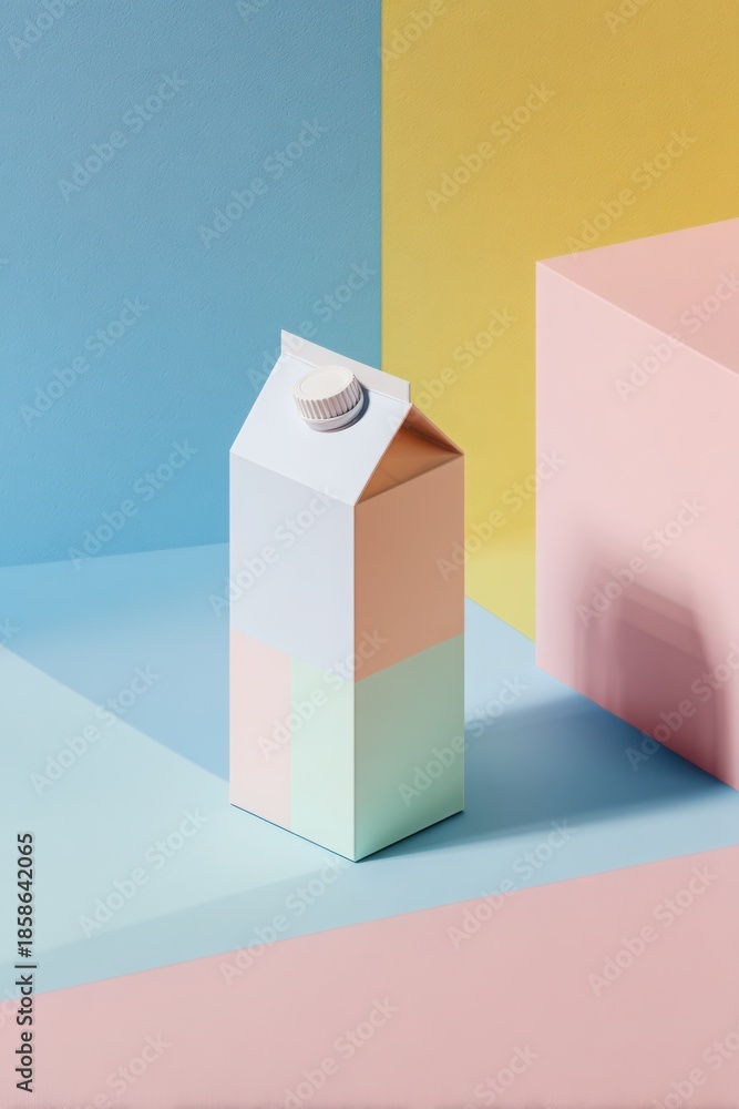 Fototapeta premium A pastelcolored milk carton stands against a vibrant geometric background of blue, pink, and yellow hues. Milk carton mockup