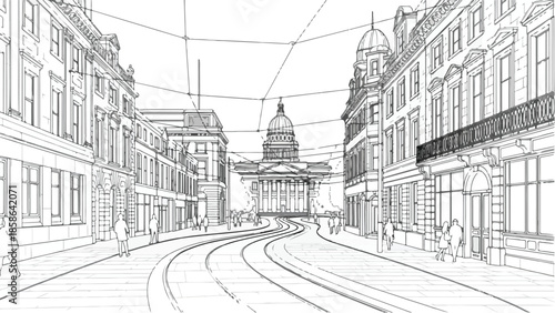 Perspective view of a european city street with tram tracks and classical buildings