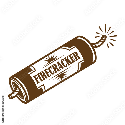 Vintage Brown firecracker with fuse and sparks on white background  pyrotechnic device