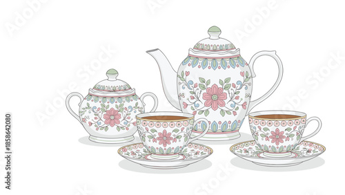 Exquisite vintage floral tea set featuring an elegant teapot, a matching sugar bowl, and two charming cups with saucers, adorned with intricate flower patterns.