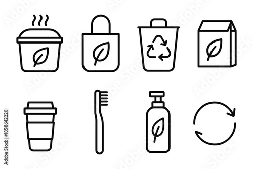 Eco-friendly icons set featuring recycling and sustainable products in line art style