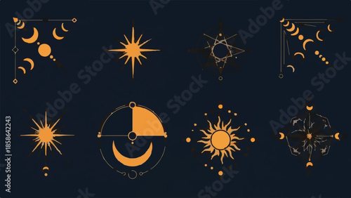 Set of Golden Esoteric Celestial Vector Icons and Geometric Design Elements