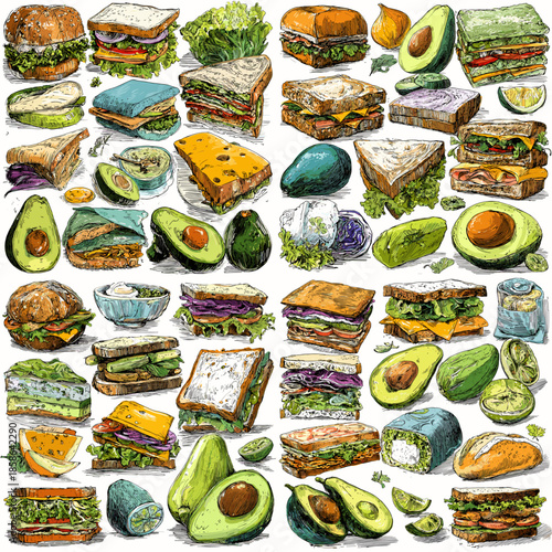 Watercolor illustration set of avocado sandwiches and fresh ingredients in vibrant colors isolated on white background perfect for food blogs menus healthy eating concepts and culinary design.