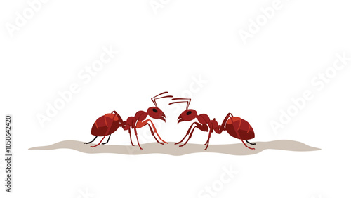 Close-up illustration of two red ants facing each other on a textured surface, appearing to communicate or interact in a natural setting.
