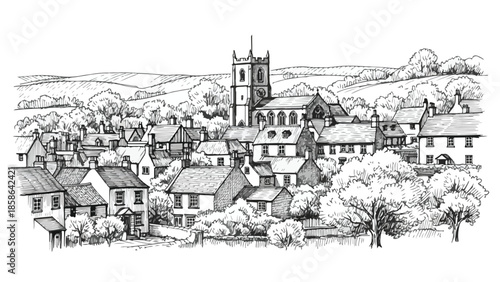 Hand drawn sketch of a peaceful country village with church and traditional houses