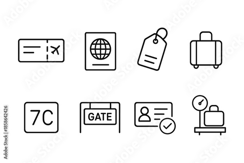 Minimalist travel icons set featuring passport, luggage, and boarding pass