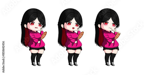 Kawaii Vector Illustration of Cute Chibi Girl Eating Mozzarella Cheese Corndog in Various Poses