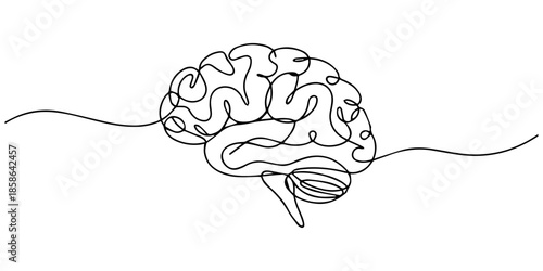 Human brain continuous one line drawing of art vector illustration and intelligence outline concept, One line brain sketch poster drawing with frame. Abstract minimal,  Vector illustration of neurolog
