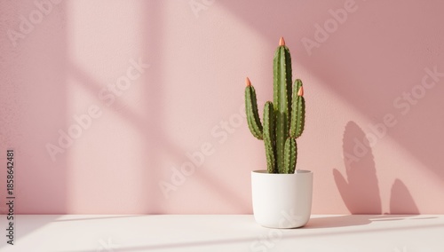 Vivid pink wall with a pott...