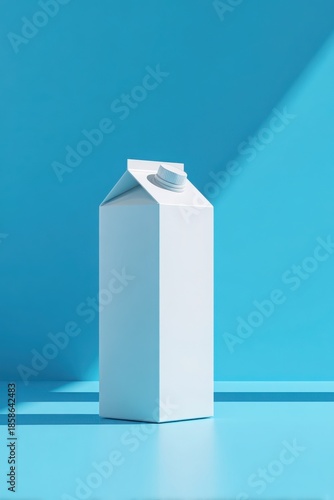 A minimalist white milk carton stands on a bright blue background, casting a subtle shadow. Milk carton mockup