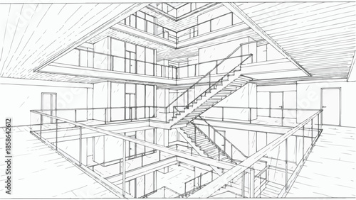 Technical architectural interior sketch of a multi level modern office building