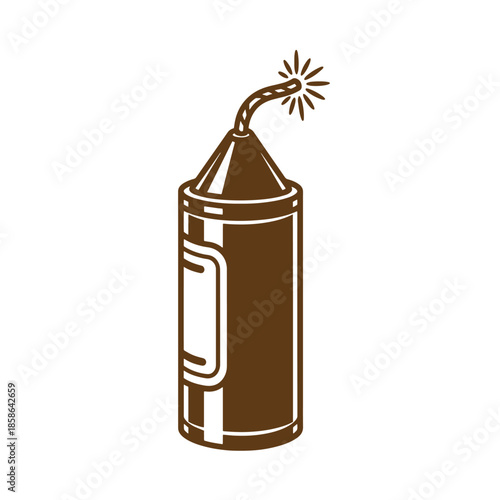 Vintage Brown firework bomb with lit fuse and spark  pyrotechnic device for celebrations and festivities