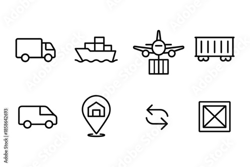 Minimalist transportation and delivery icons set for logistics and shipment design