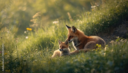 Mother fox and her cub rest...