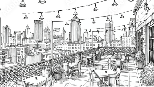 Perspective sketch of an outdoor cafe terrace overlooking a modern city skyline