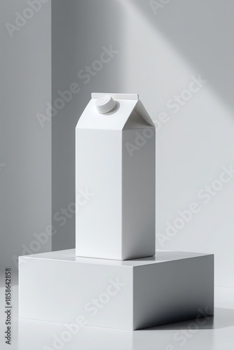 Minimalist white milk carton on a light gray pedestal, showcasing modern design and simplicity. Milk carton mockup
