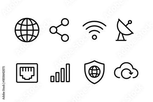 Minimalist linear icons of global communication technology essentials