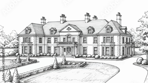 Grand classical mansion architecture with long driveway and garden landscape