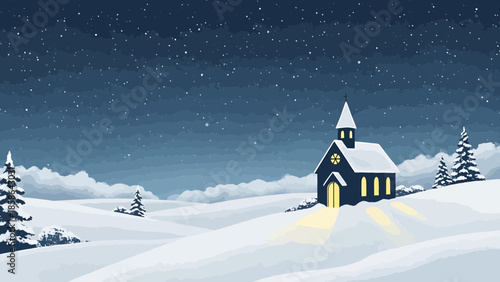 Happy New Years celebration at a serene snowy church on a hill at dusk with snowflakes falling gently around