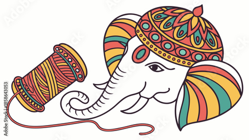 Traditional Indian Elephant Head Illustration & Spool. Auspicious Festival Art