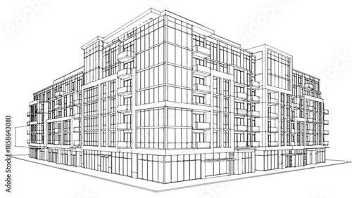 Isometric perspective drawing of a modern multi-story residential apartment complex
