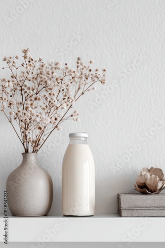 A minimalist shelf displays a milk bottle and a vase with dried flowers against a soft white backdrop. Milk carton mockup