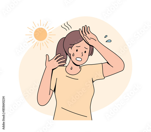 Woman feeling overheated and sweating under the hot sun. Flat vector.