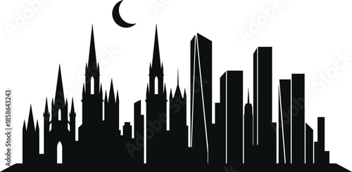 Modern city skyline silhouette with gothic towers, skyscrapers and crescent moon, black and white urban night illustration