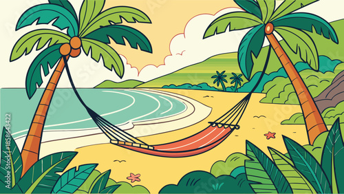 Tropical Beach Paradise with Hammock and Palm Trees Illustration
