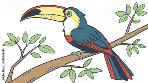 Colorful Toucan Bird Perched on Tree Branch - Exotic Tropical Wildlife Illustration