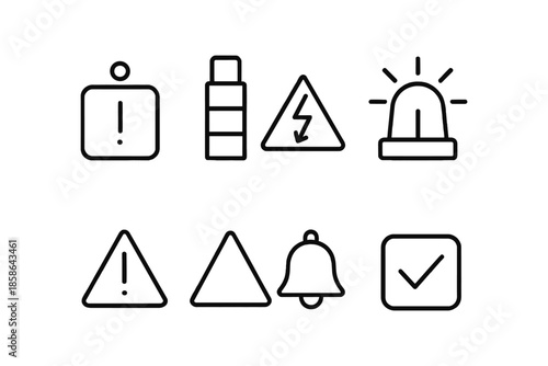Linear warning and alert icons set - exclamation, bell, alarm, triangle, checkmark