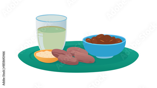 Traditional suhoor meal vector illustration with dates, water, and simple food before fasting begins.
