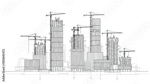 Construction site sketch with multiple cranes and high rise building frames
