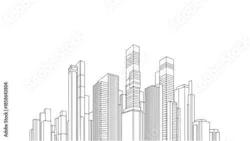 Simple minimalist line art of a dense city skyline on white background