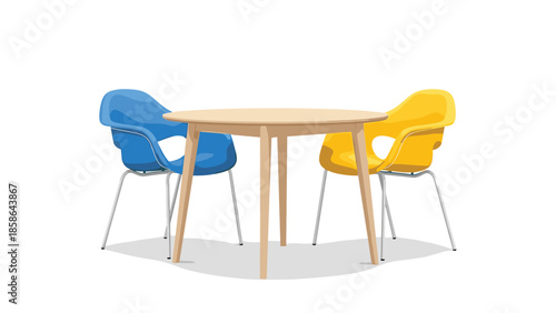 Stylish round wooden table paired with two vibrant modern chairs, one blue and one yellow, creating an inviting and contemporary setting for a cafe or small dining space.
