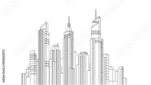 Minimalist thin line drawing of a simple modern city skyline silhouette