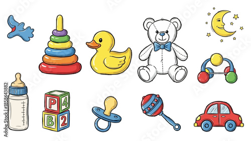 Collection of colorful baby toys including a rubber duck, teddy bear, and building blocks.