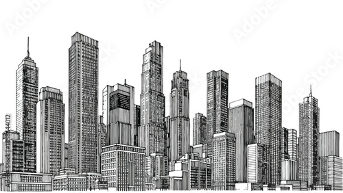 Detailed perspective of a dense urban financial district with high rise towers