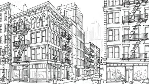 Perspective view of a busy city street with historic facades and fire escapes