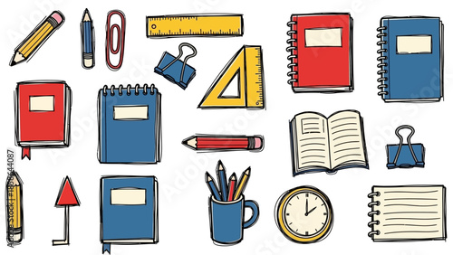 Collection of hand drawn school supplies and office stationery items.