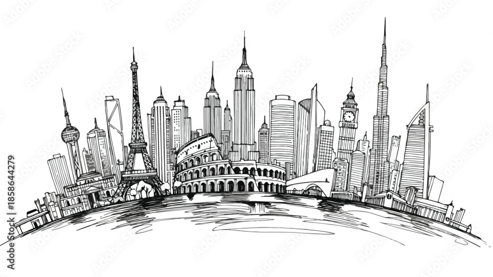 Fototapeta premium Panoramic silhouette of iconic world landmarks on a curved horizon