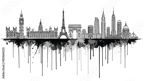 Artistic black ink splatter city skyline silhouette with world monuments