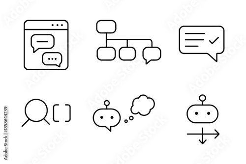 Simple linear icons set featuring chat bot and communication designs