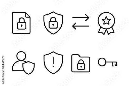 Security and privacy icons set featuring lock, shield, and key symbols in minimalist linear design