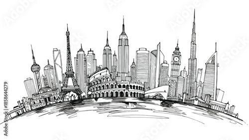 Panoramic silhouette of iconic world landmarks on a curved horizon