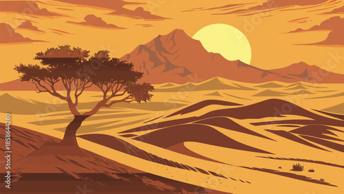 Golden Desert Sunset with Lone Tree, Rolling Dunes, and Mountains. Serene Warm Wilderness Landscape.