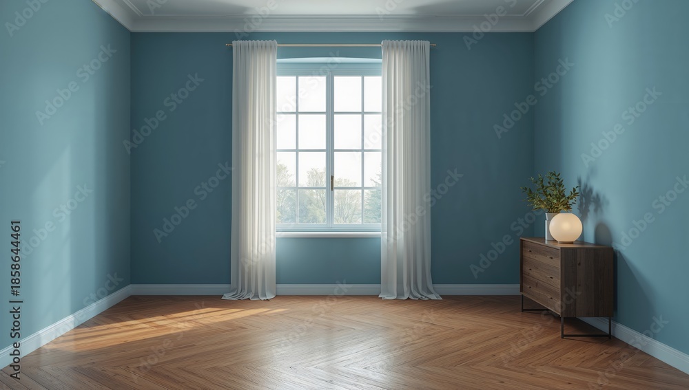 Fototapeta premium Minimalist blue room with wooden flooring and expansive wall, suitable as a UI background in interior layouts