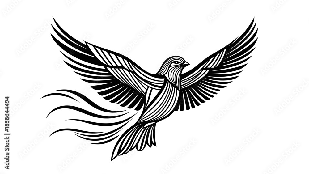 Fototapeta premium Dynamic Stylized Flying Bird with Flowing Wings Vector Graphic on Isolated White Background